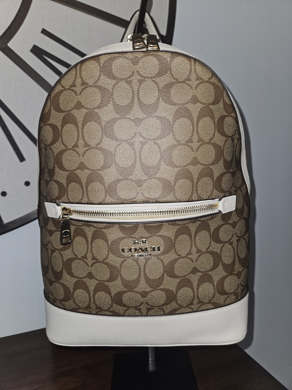 Coach Khaki Signature Canvas Backpack with White Trim